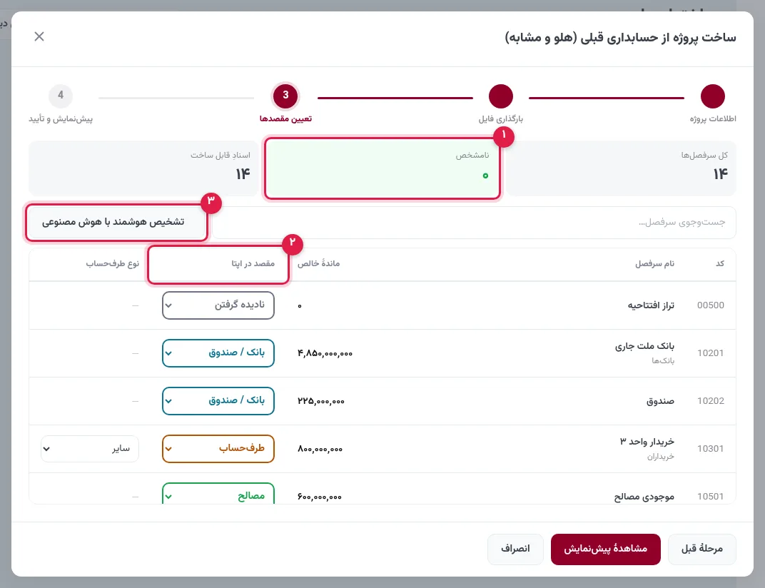 تعیین مقصد سرفصلهای حسابداری قبلی در اپتا